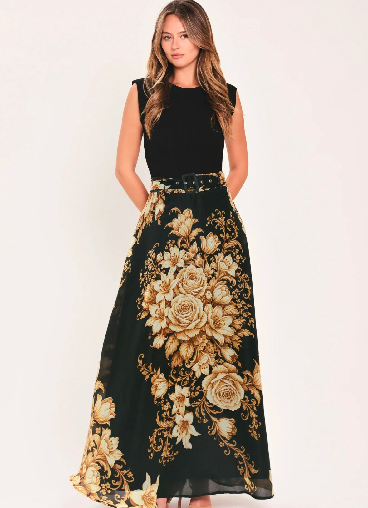 Golden Romance Floral Maxi Skirt