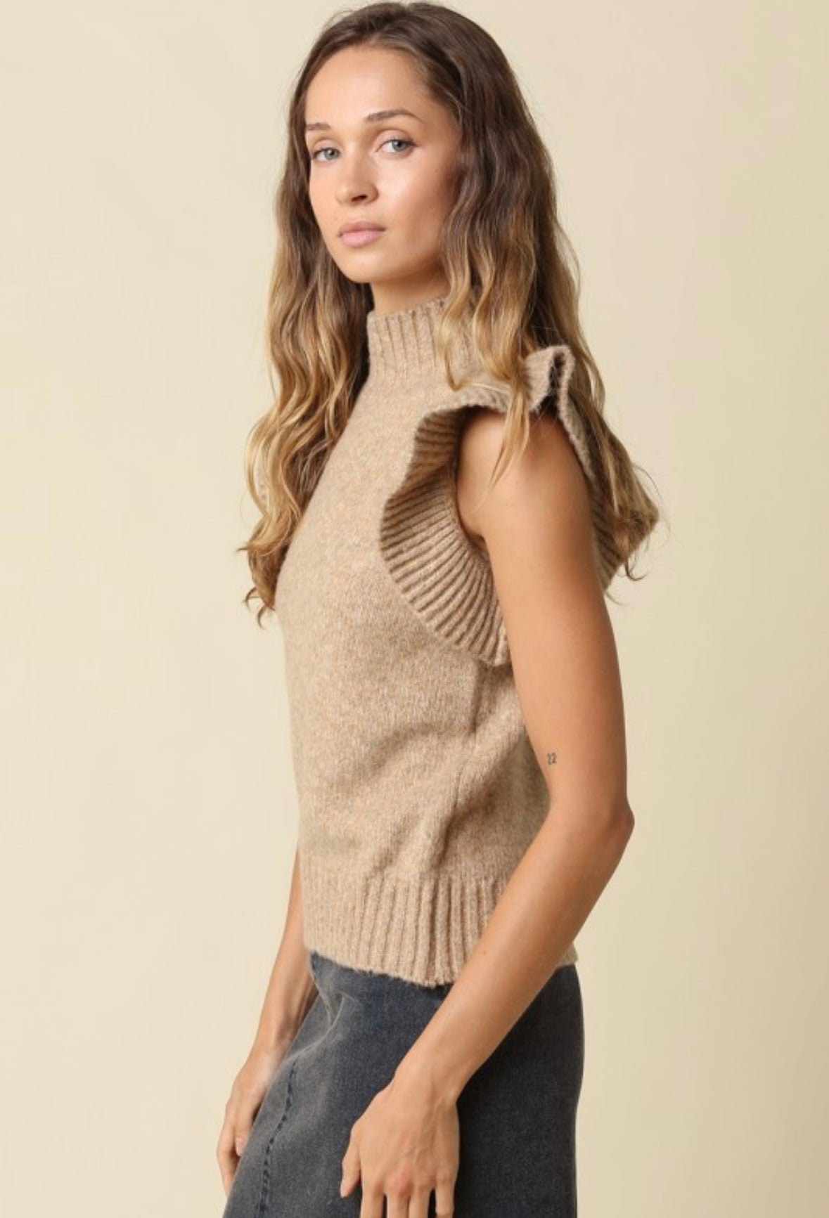 Taupe Ruffle-Sleeve Mock Neck Sweater