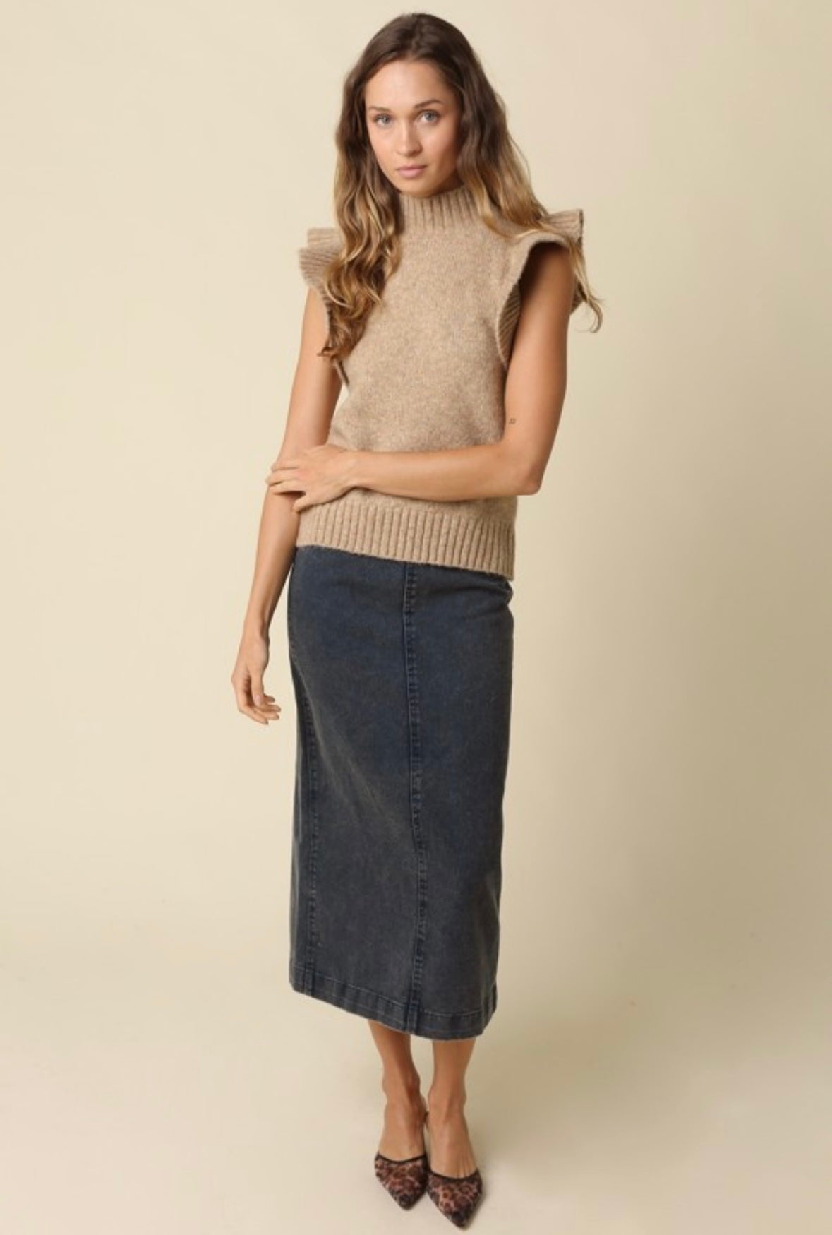 Taupe Ruffle-Sleeve Mock Neck Sweater