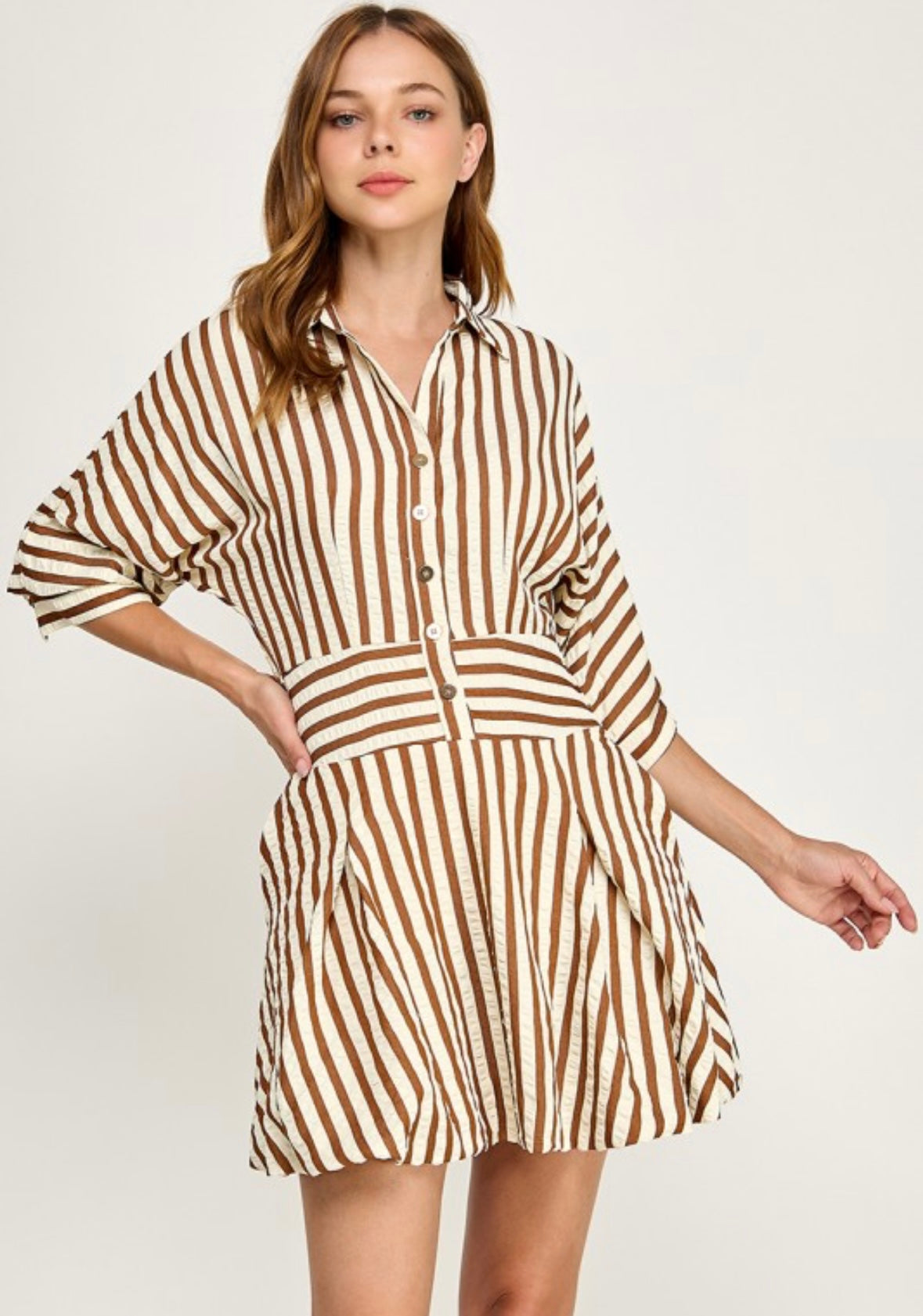 Brown & White Striped Shirt Dress