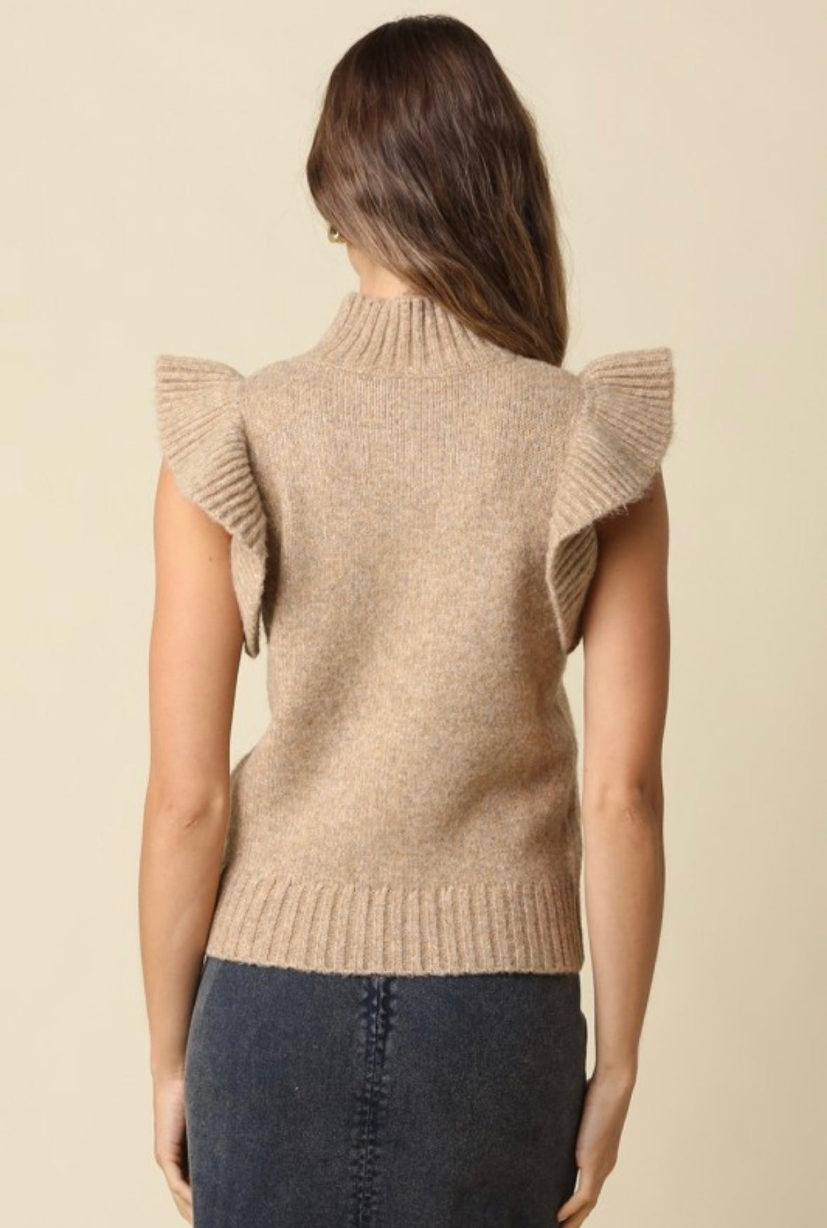 Taupe Ruffle-Sleeve Mock Neck Sweater