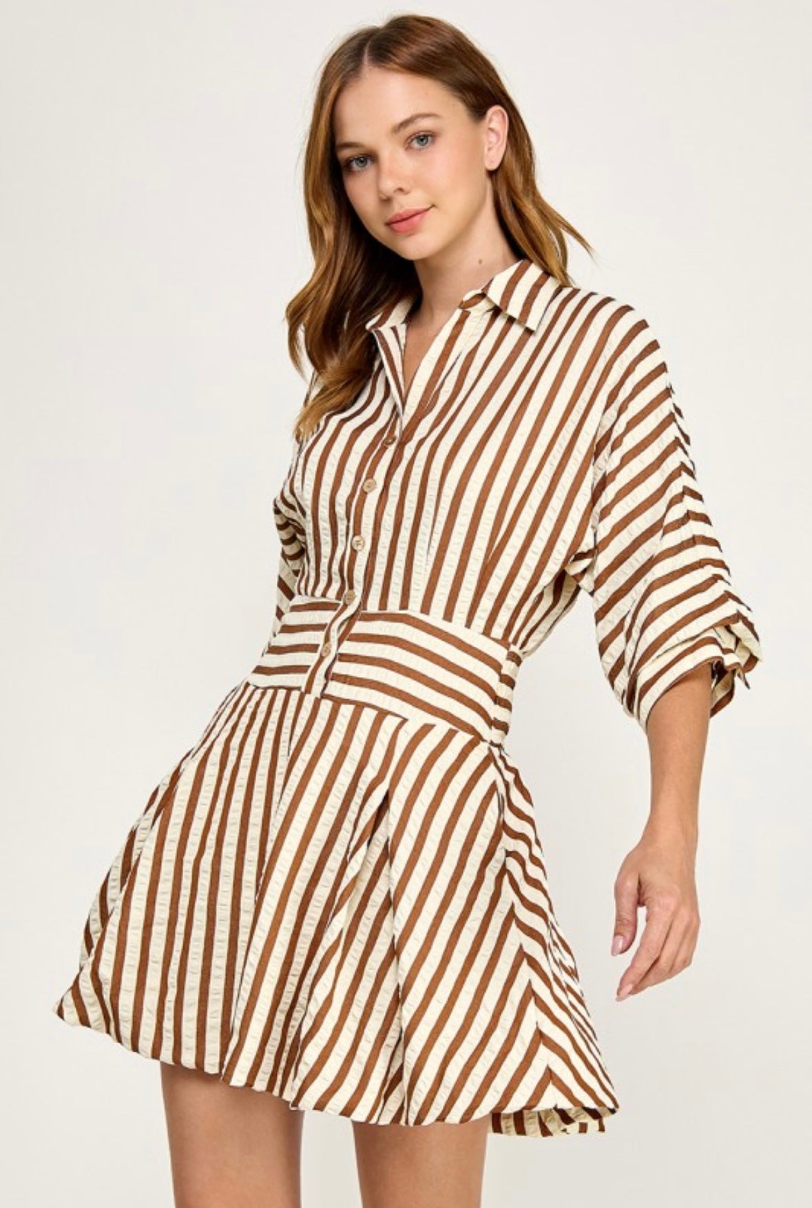 Brown & White Striped Shirt Dress