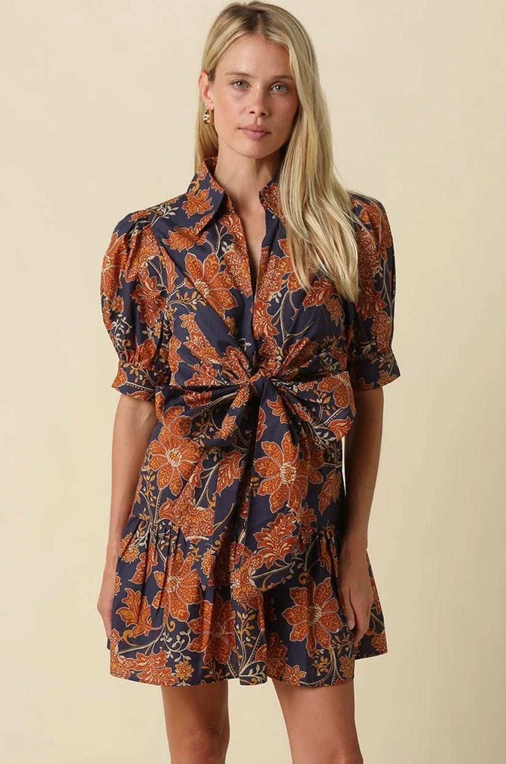 Navy Floral Tie-Waist Mini Dress
