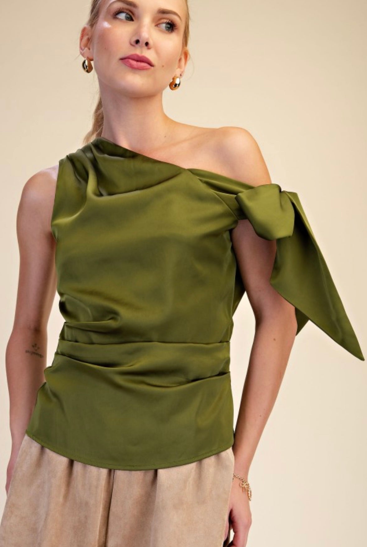 The Olive Asymmetrical Satin Top