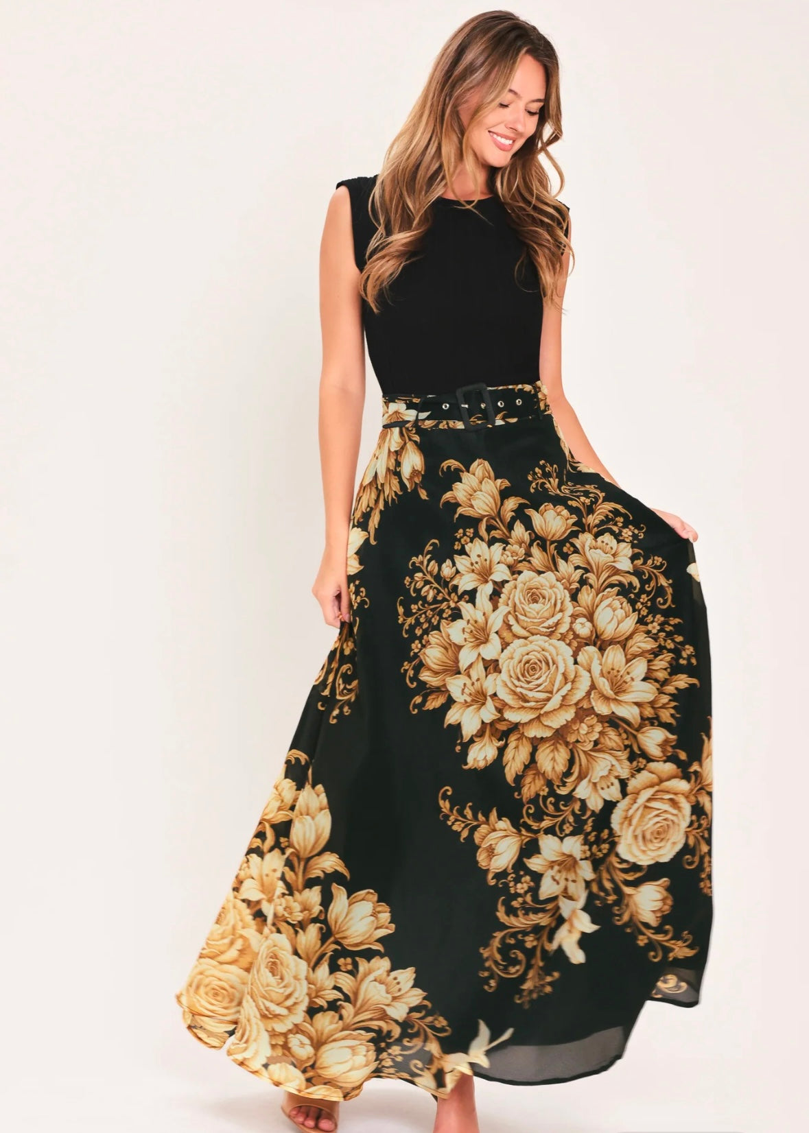 Golden Romance Floral Maxi Skirt