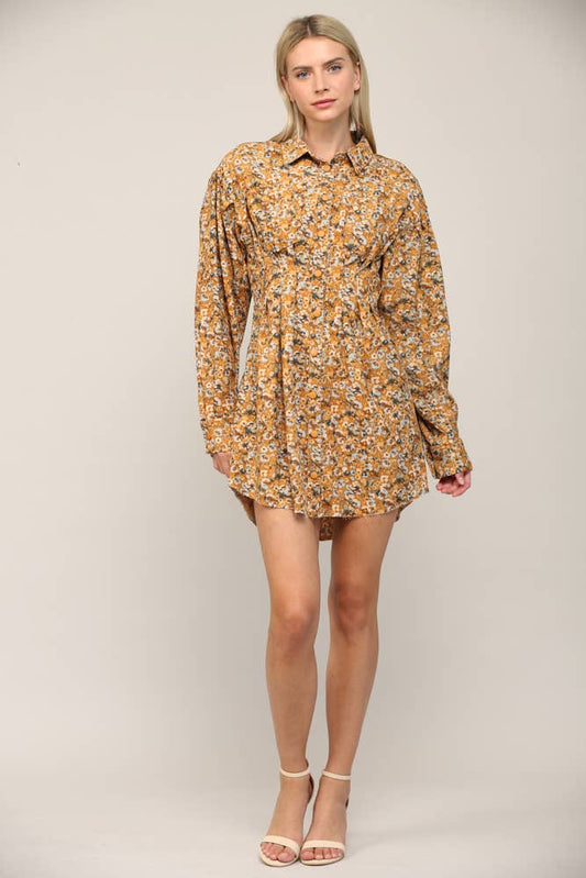 FLORAL PRINT CORDUROY TUCKED WAIST SHIRT DRESS FD30060: CAMEL MULTI / M